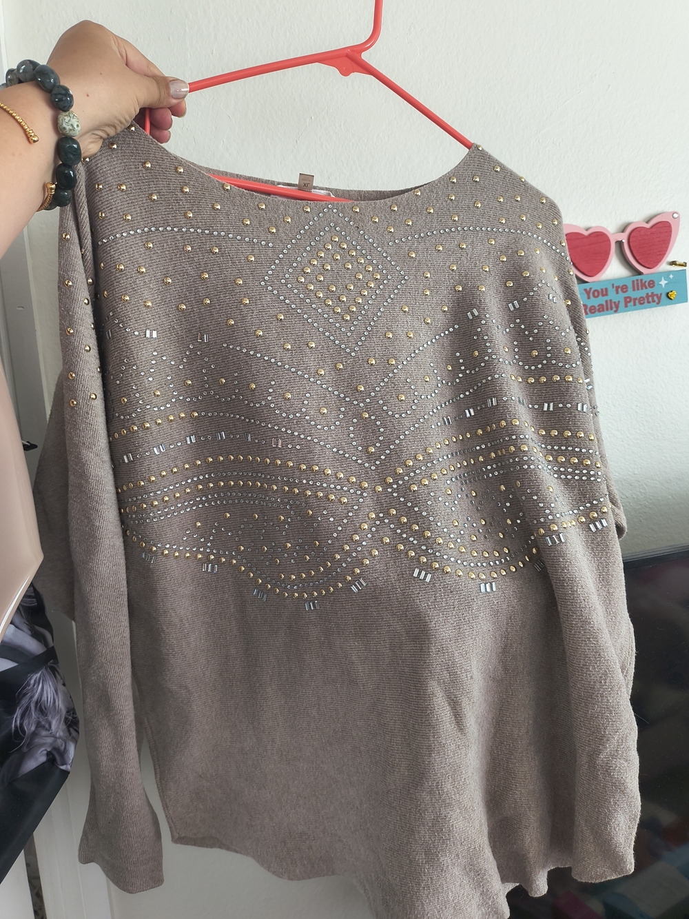 Liquido Taupe Crewneck Sweater with Gold & Silver Studs